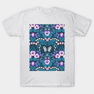 Dollhouse garden, pansies, birds and butterflies T-Shirt